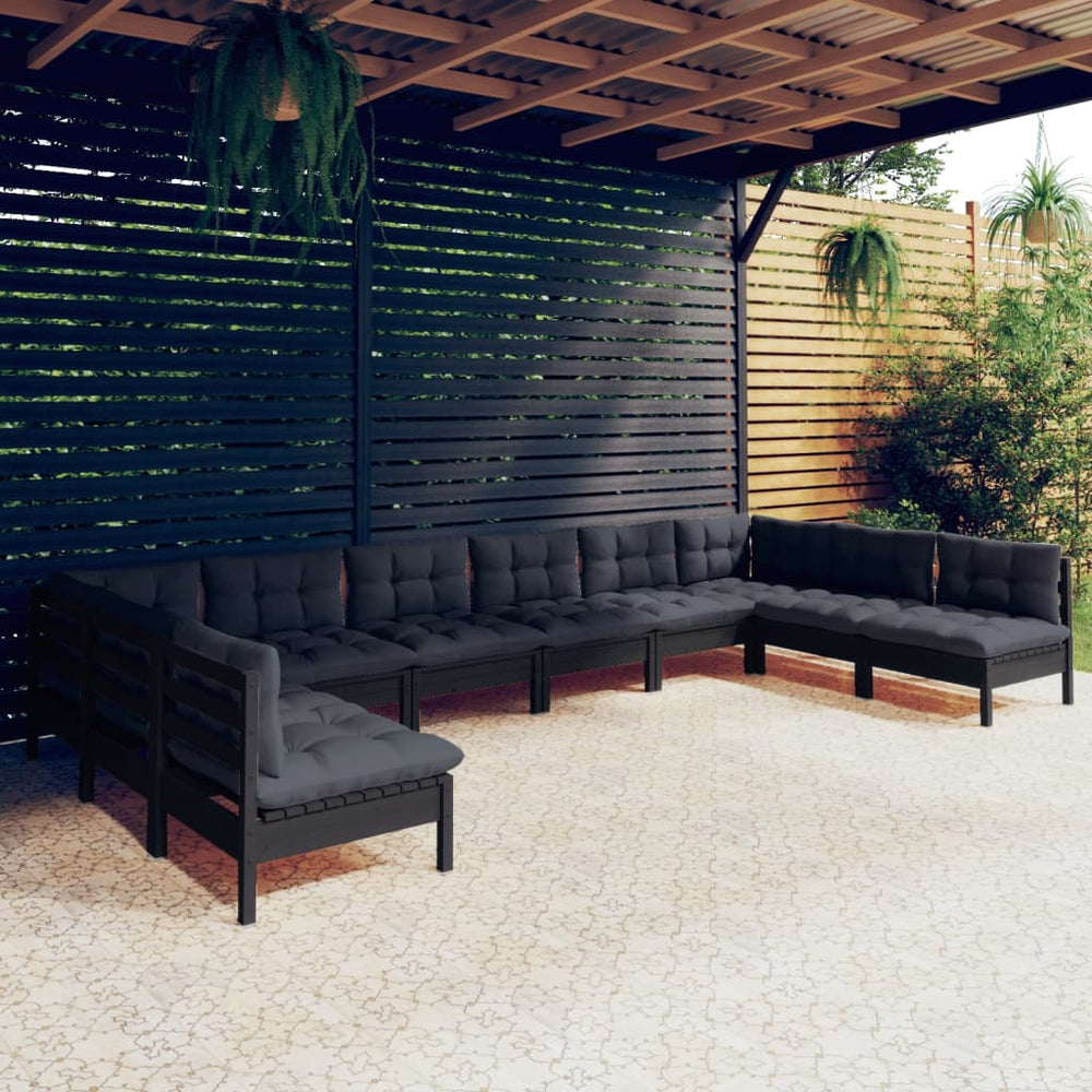 vidaXL 10-piece Garden Lounge Set with Cushions Black Solid Pine Wood