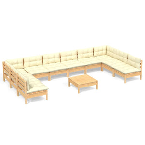vidaXL 11-Piece Garden Lounge Set with Cream Cushions Solid Pine Wood