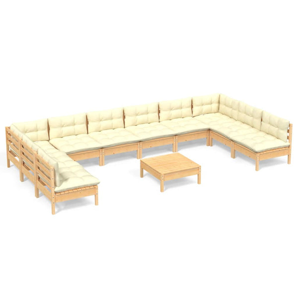 vidaXL 11-Piece Garden Lounge Set with Cream Cushions Solid Pine Wood
