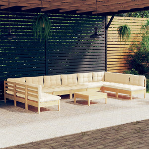 vidaXL 11-Piece Garden Lounge Set with Cream Cushions Solid Pine Wood