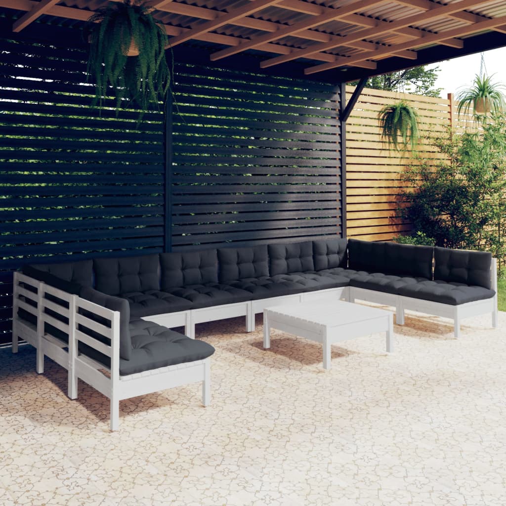 vidaXL 11-piece Garden Lounge Set with Cushions White Solid Pine Wood