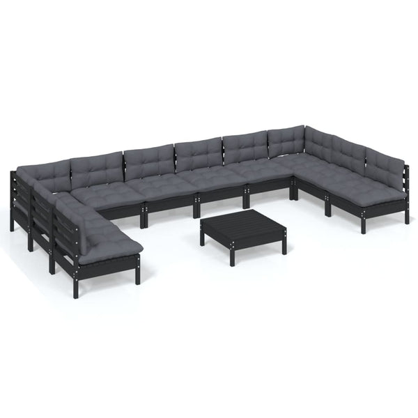 vidaXL 11-piece Garden Lounge Set with Cushions Black Solid Pine Wood