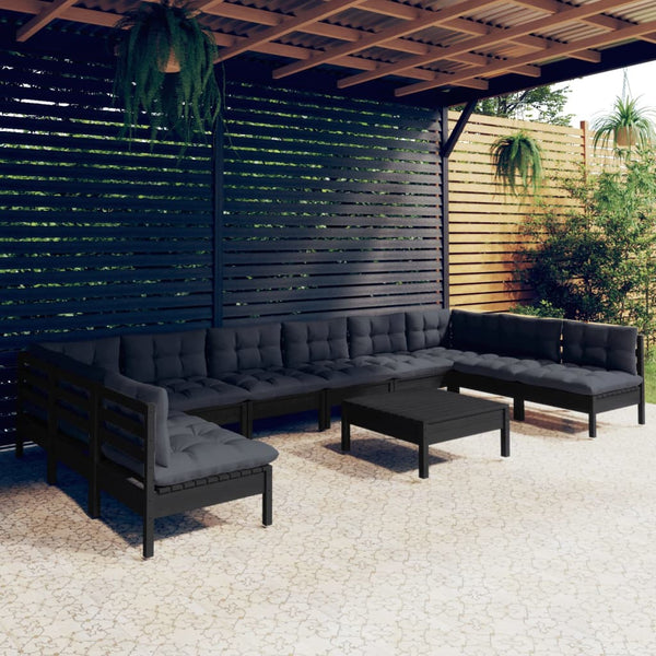 vidaXL 11-piece Garden Lounge Set with Cushions Black Solid Pine Wood