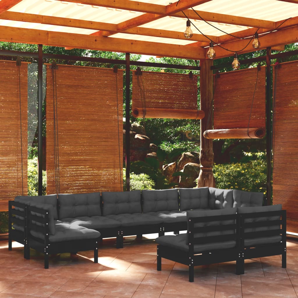 vidaXL 9-piece Garden Lounge Set with Cushions Black Solid Pine Wood