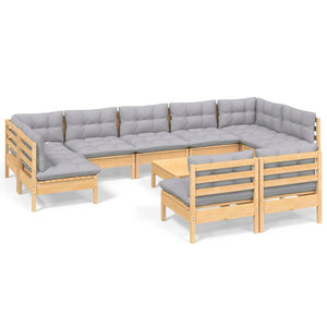 vidaXL 10-piece Garden Lounge Set with Grey Cushions Solid Pine Wood