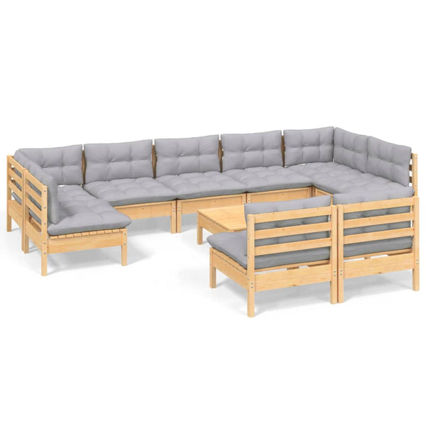 vidaXL 10-piece Garden Lounge Set with Grey Cushions Solid Pine Wood