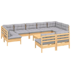 vidaXL 10-piece Garden Lounge Set with Grey Cushions Solid Pine Wood