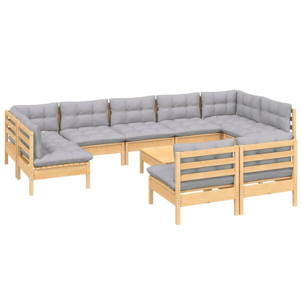 vidaXL 10-piece Garden Lounge Set with Grey Cushions Solid Pine Wood