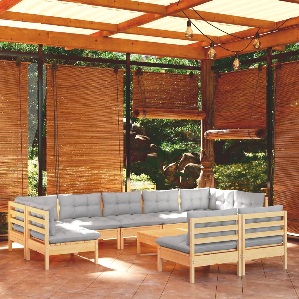 vidaXL 10-piece Garden Lounge Set with Grey Cushions Solid Pine Wood