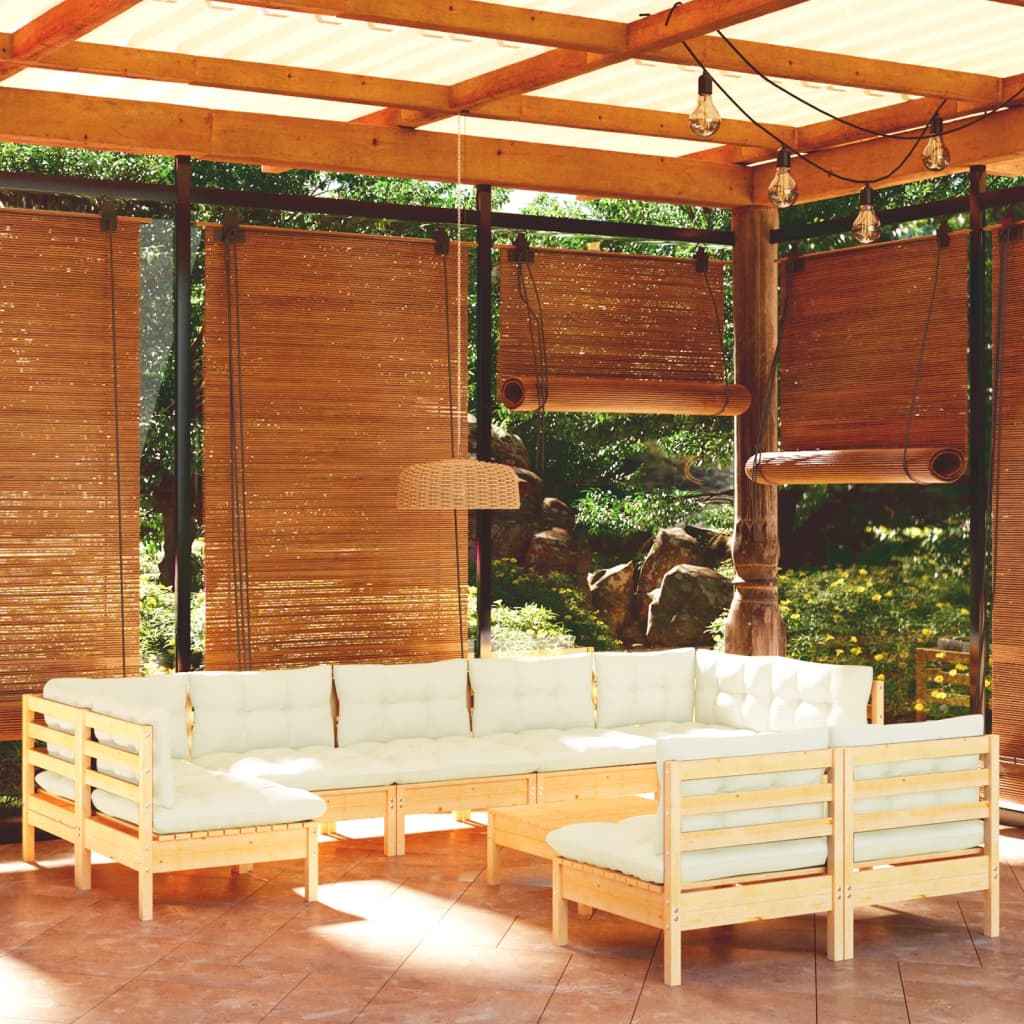vidaXL 10-piece Garden Lounge Set with Cream Cushions Solid Pine Wood
