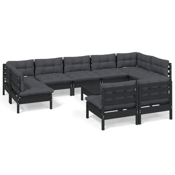 vidaXL 10-piece Garden Lounge Set with Cushions Black Solid Pine Wood