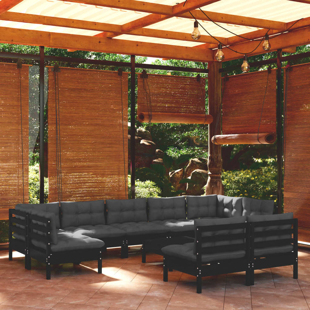 vidaXL 10-piece Garden Lounge Set with Cushions Black Solid Pine Wood