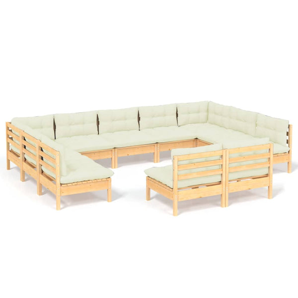 vidaXL 11-Piece Garden Lounge Set with Cream Cushions Solid Pine Wood