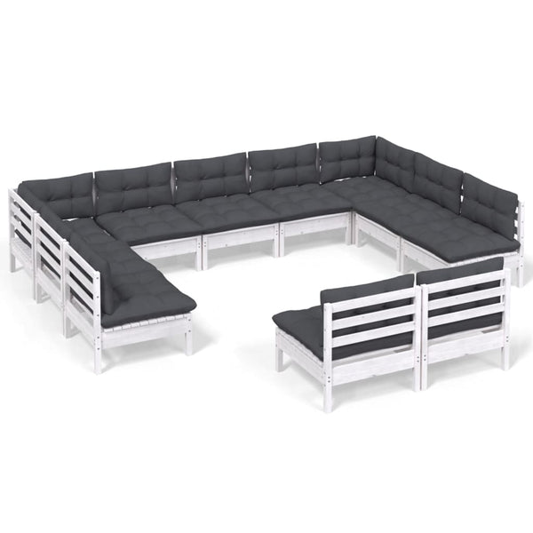vidaXL 11-piece Garden Lounge Set with Cushions White Solid Pine Wood