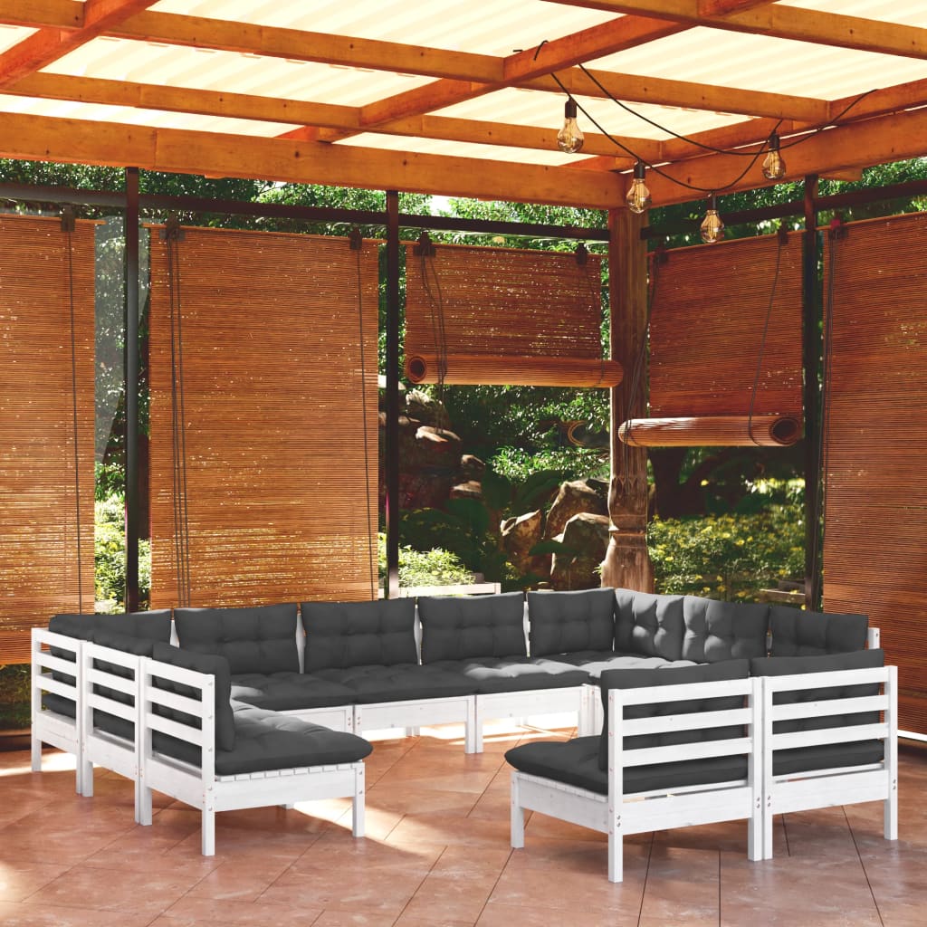 vidaXL 11-piece Garden Lounge Set with Cushions White Solid Pine Wood