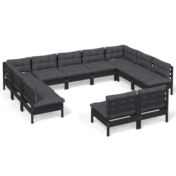 vidaXL 11-piece Garden Lounge Set with Cushions Black Solid Pine Wood
