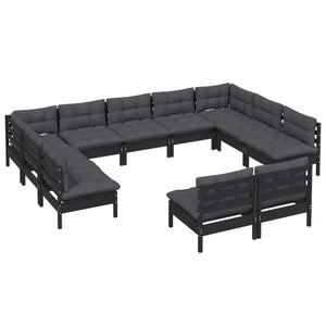 vidaXL 11-piece Garden Lounge Set with Cushions Black Solid Pine Wood