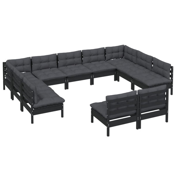 vidaXL 11-piece Garden Lounge Set with Cushions Black Solid Pine Wood