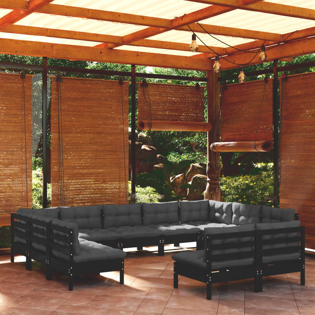 vidaXL 11-piece Garden Lounge Set with Cushions Black Solid Pine Wood