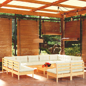 vidaXL 12-piece Garden Lounge Set with Cream Cushions Solid Pine Wood