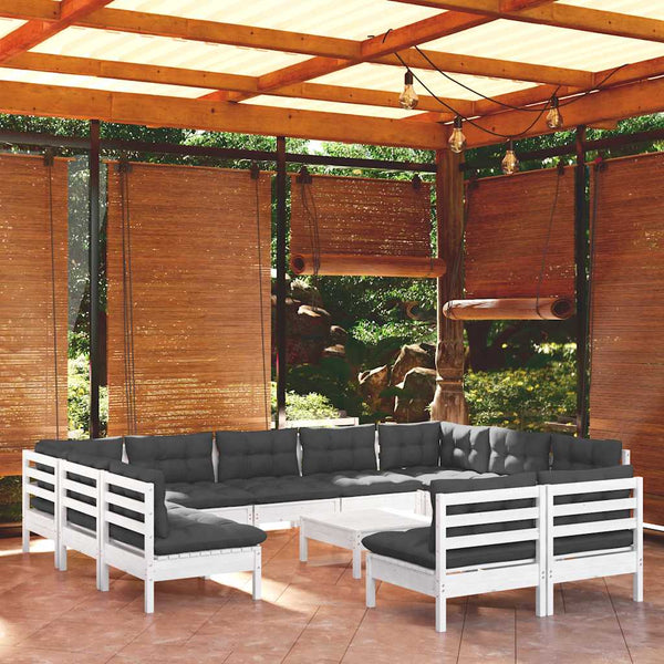 vidaXL 12-piece Garden Lounge Set with Cushions White Solid Pine Wood