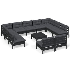 vidaXL 12-Piece Garden Lounge Set with Cushions Black Solid Pine Wood