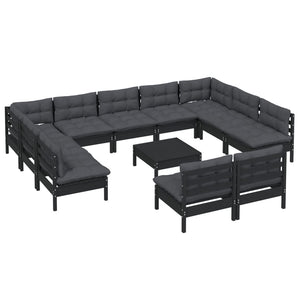 vidaXL 12-Piece Garden Lounge Set with Cushions Black Solid Pine Wood