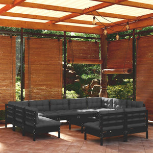 vidaXL 12-Piece Garden Lounge Set with Cushions Black Solid Pine Wood