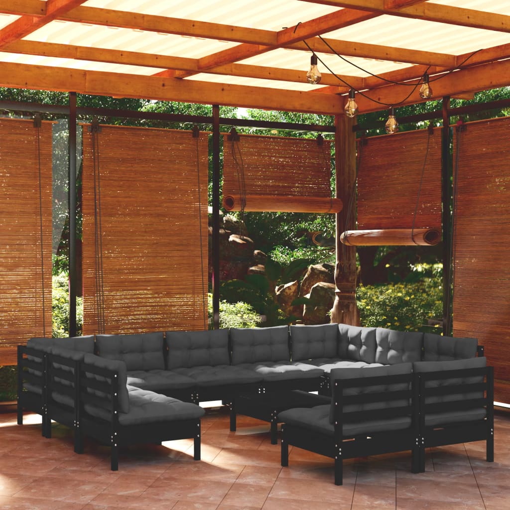 vidaXL 12-Piece Garden Lounge Set with Cushions Black Solid Pine Wood