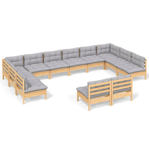 vidaXL 12-Piece Outdoor Lounge Set with Gray Cushions Solid Pine Wood