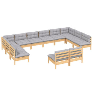 vidaXL 12-Piece Outdoor Lounge Set with Gray Cushions Solid Pine Wood