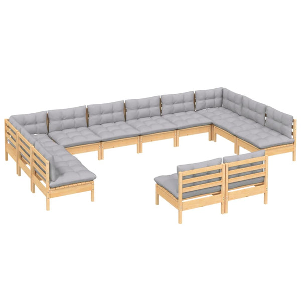 vidaXL 12-Piece Outdoor Lounge Set with Gray Cushions Solid Pine Wood