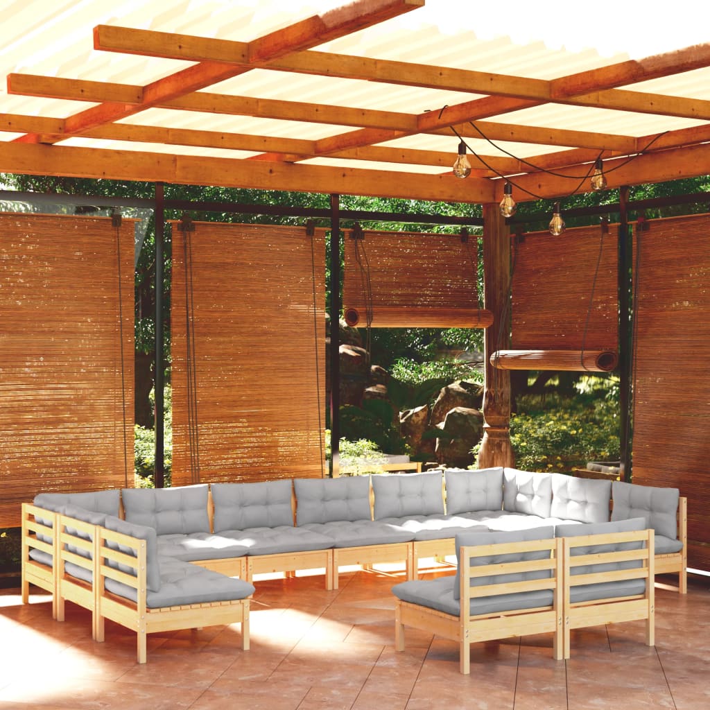 vidaXL 12-Piece Outdoor Lounge Set with Gray Cushions Solid Pine Wood