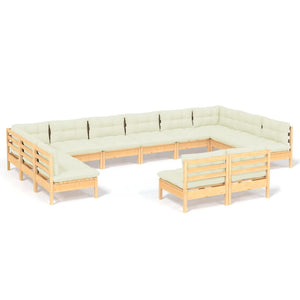 vidaXL 12-piece Garden Lounge Set with Cream Cushions Solid Pine Wood