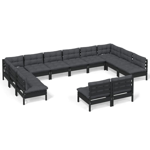 vidaXL 12-Piece Garden Lounge Set with Cushions Black Solid Pine Wood