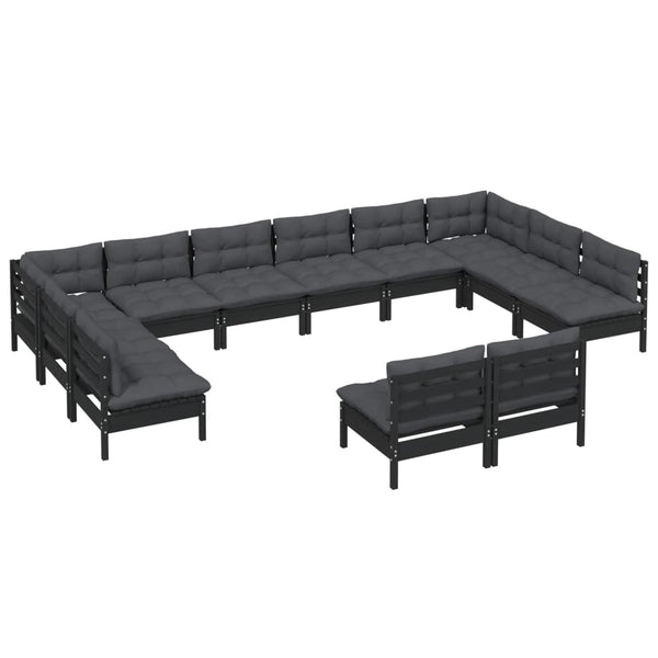 vidaXL 12-Piece Garden Lounge Set with Cushions Black Solid Pine Wood