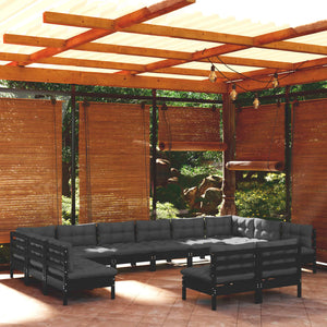 vidaXL 12-Piece Garden Lounge Set with Cushions Black Solid Pine Wood