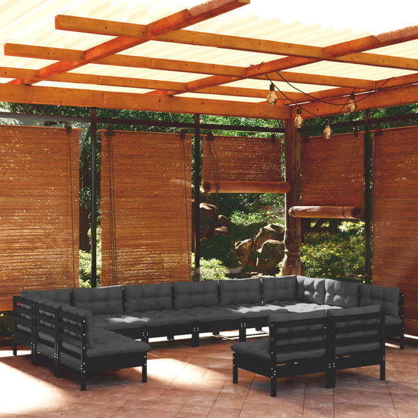 vidaXL 12-Piece Garden Lounge Set with Cushions Black Solid Pine Wood