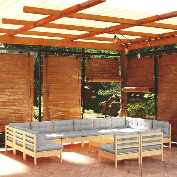 vidaXL 13-Piece Garden Lounge Set with Grey Cushions Solid Pine Wood