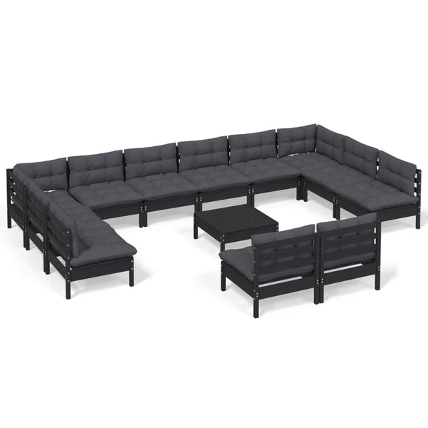 vidaXL 13-piece Garden Lounge Set with Cushions Black Solid Pine Wood