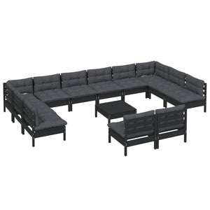 vidaXL 13-piece Garden Lounge Set with Cushions Black Solid Pine Wood