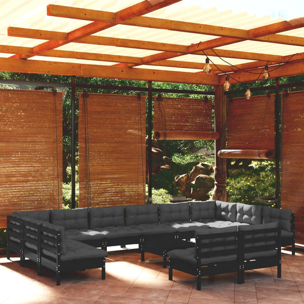 vidaXL 13-piece Garden Lounge Set with Cushions Black Solid Pine Wood