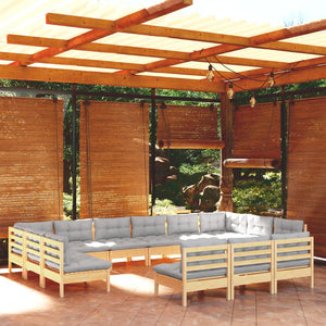 vidaXL 13-Piece Garden Lounge Set with Grey Cushions Solid Pine Wood