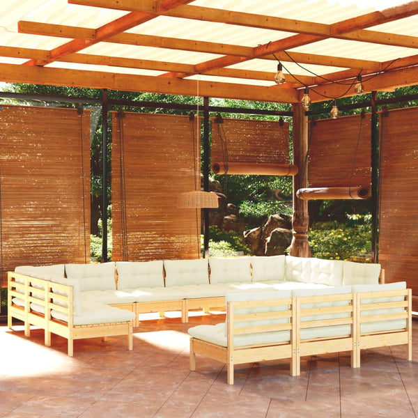 vidaXL 13-Piece Garden Lounge Set with Cream Cushions Solid Pine Wood