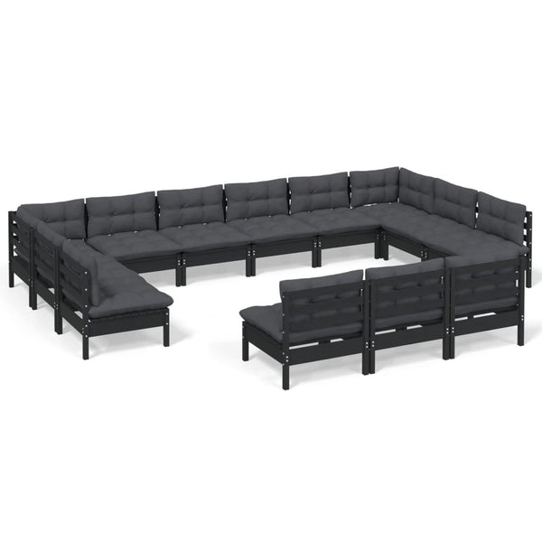 vidaXL 13-piece Garden Lounge Set with Cushions Black Solid Pine Wood