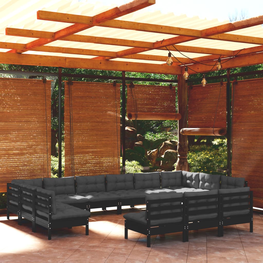 vidaXL 13-piece Garden Lounge Set with Cushions Black Solid Pine Wood