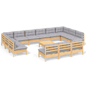 vidaXL 14-Piece Solid Pine Wood Garden Lounge Set with Grey Cushions