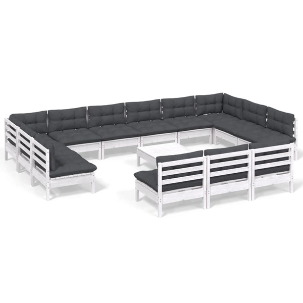 vidaXL 14-piece Garden Lounge Set with Cushions White Solid Pine Wood