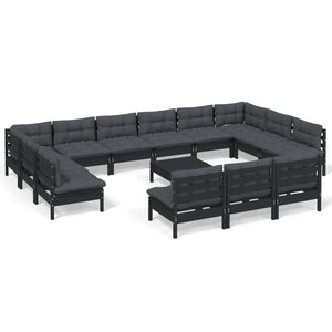 vidaXL 14-Piece Garden Lounge Set with Cushions Black Solid Pine Wood