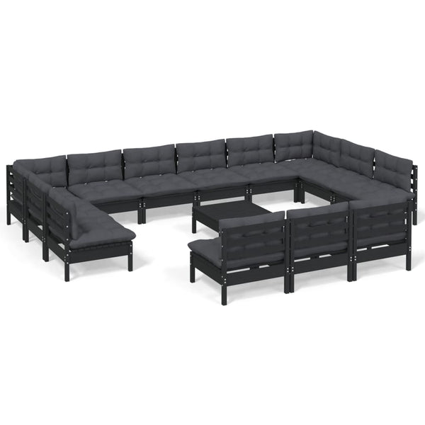 vidaXL 14-Piece Garden Lounge Set with Cushions Black Solid Pine Wood